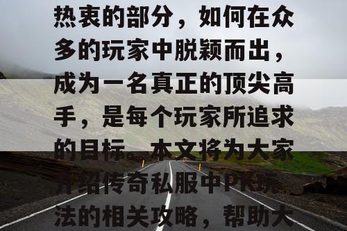 传奇私服中的PK玩法一直是游戏玩家们最为热衷的部分,如何在众多的玩家中脱颖而出,成为一名真正的顶尖高手,是每个玩家所追求的目标。本文将为大家介绍传奇私服中PK玩法的相关攻略,帮助大家更好地掌握成为顶尖高手的技巧。 传奇私服中的PK玩法一直是游戏玩家们最为热衷的部分,如何在众多的玩家中脱颖而出,成为一名真正的顶尖高手,是每个玩家所追求的目标。本文将为大家介绍传奇私服中PK玩法的相关攻略,帮助大家更好地掌握成为顶尖高手的技巧。